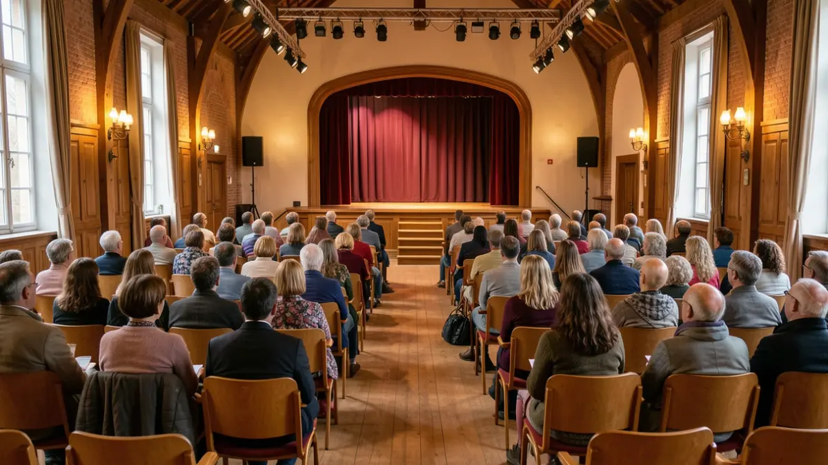 Generieke afbeelding van een gemeentelijke vergaderzaal in Vlaanderen, met lege stoelen en een podium.