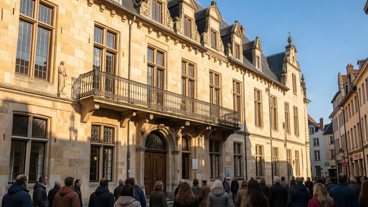 Generieke afbeelding van een Vlaamse gemeentehuisgevel met een sierlijke balkon en ijzeren balustrade, warm middaglicht dat schaduwen werpt op de zandstenen muren, blauwe lucht, documentaire fotografie stijl. Het gebouw moet kenmerkende Vlaamse architectuur vertonen.