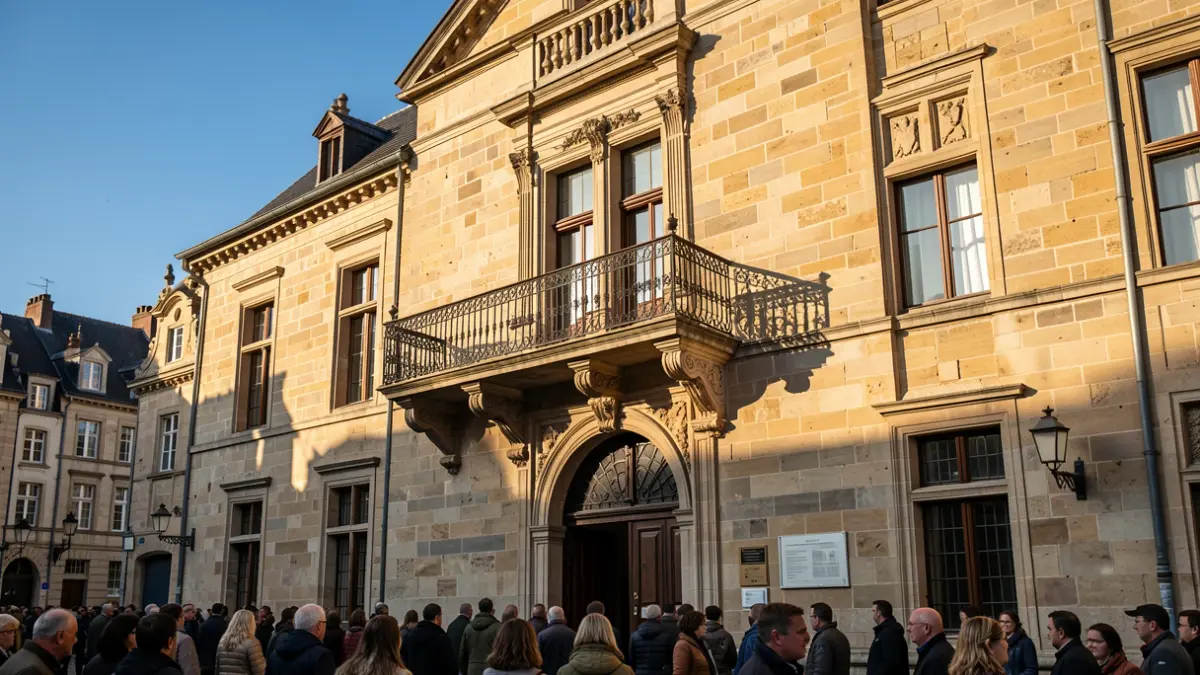 Generic image of a Flemish town hall facade with an ornate balcony and iron railings, in warm afternoon sunlight, under a blue sky.