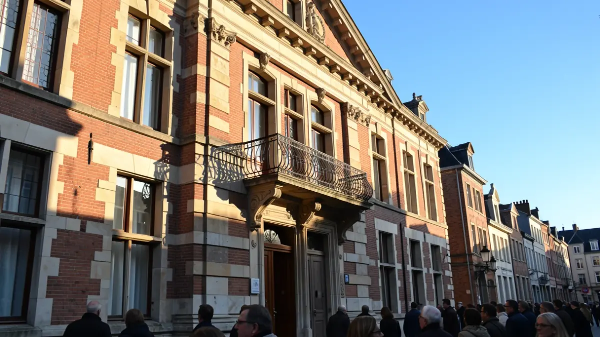Generieke afbeelding van een Vlaamse stadhuisgevel met een balkon en balustrade, in de namiddagzon.