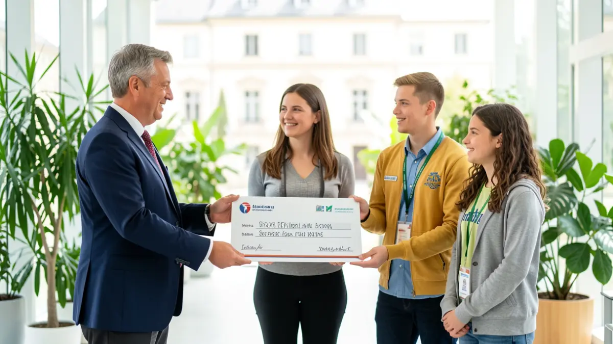 Generic image of a symbolic cheque being handed over in a town hall.
