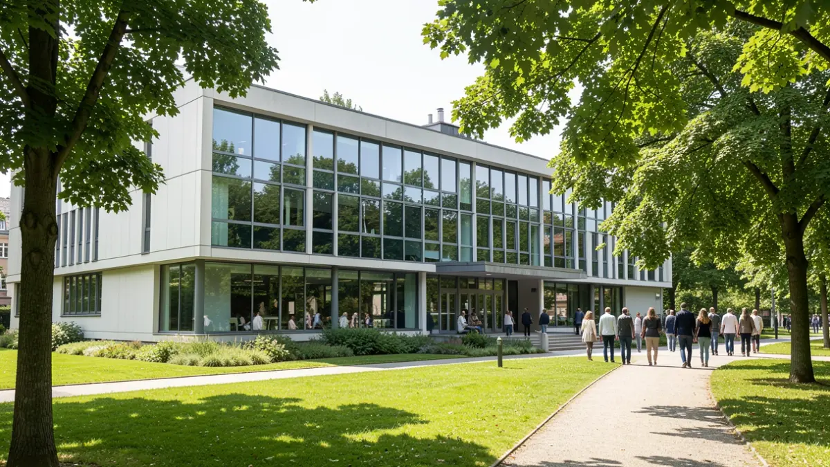 Generic image of a modern municipal building in a park setting.