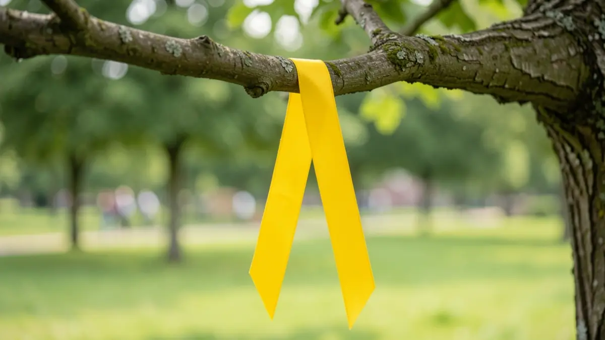 Generieke afbeelding van een geel lintje dat aan een boomtak is gebonden, met een wazige achtergrond van een groen park in Vlaanderen, zacht daglicht, symbolische en hoopvolle sfeer.