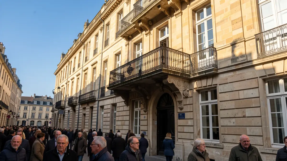 Generic image of a Flemish town hall facade with an ornate balcony and iron railings, bathed in warm afternoon sunlight casting long shadows on sandstone walls, under a clear blue sky.