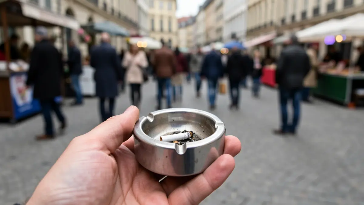 Een hand met een zakasbakje met een sigarettenpeuk erin, op de achtergrond een wazig stadsplein met mensen.