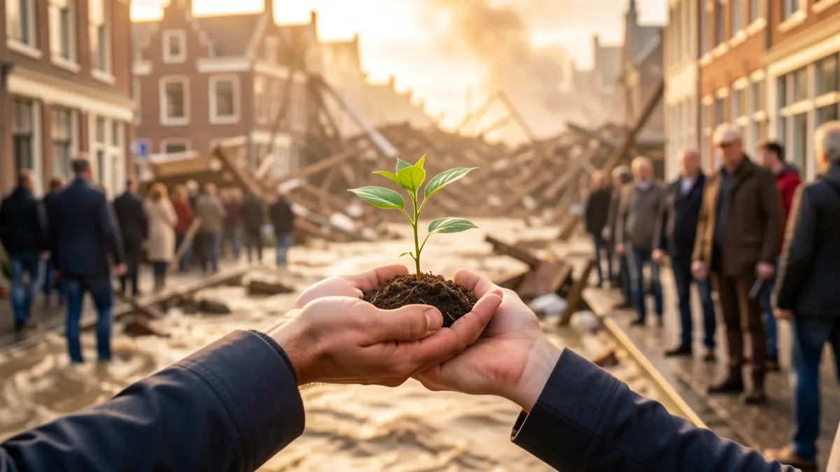 Generieke afbeelding van hulpverlening na een natuurramp, met symbolische elementen van steun en hoop.