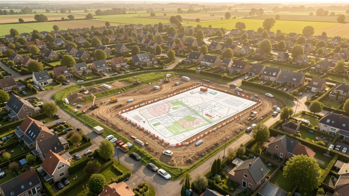 Generic image of a residential neighborhood in Flanders with development plans and green spaces.