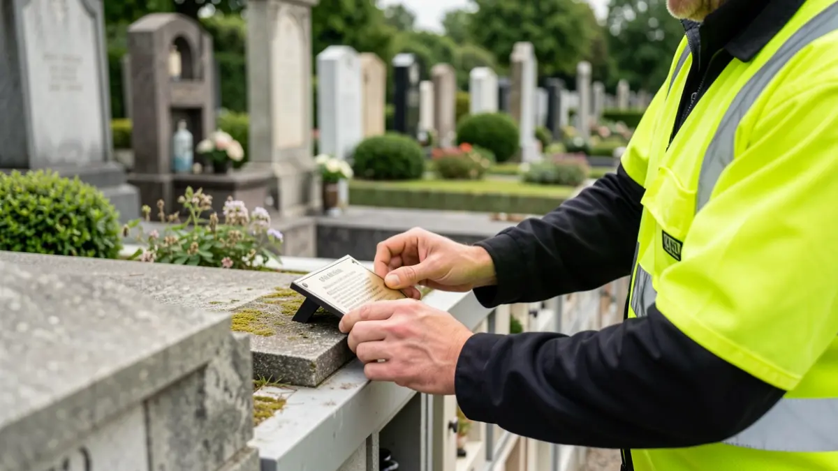 Generieke afbeelding van een begraafplaats in Vlaanderen met grafstenen en urnenmuren. Een werknemer plaatst een informatieplaatje.