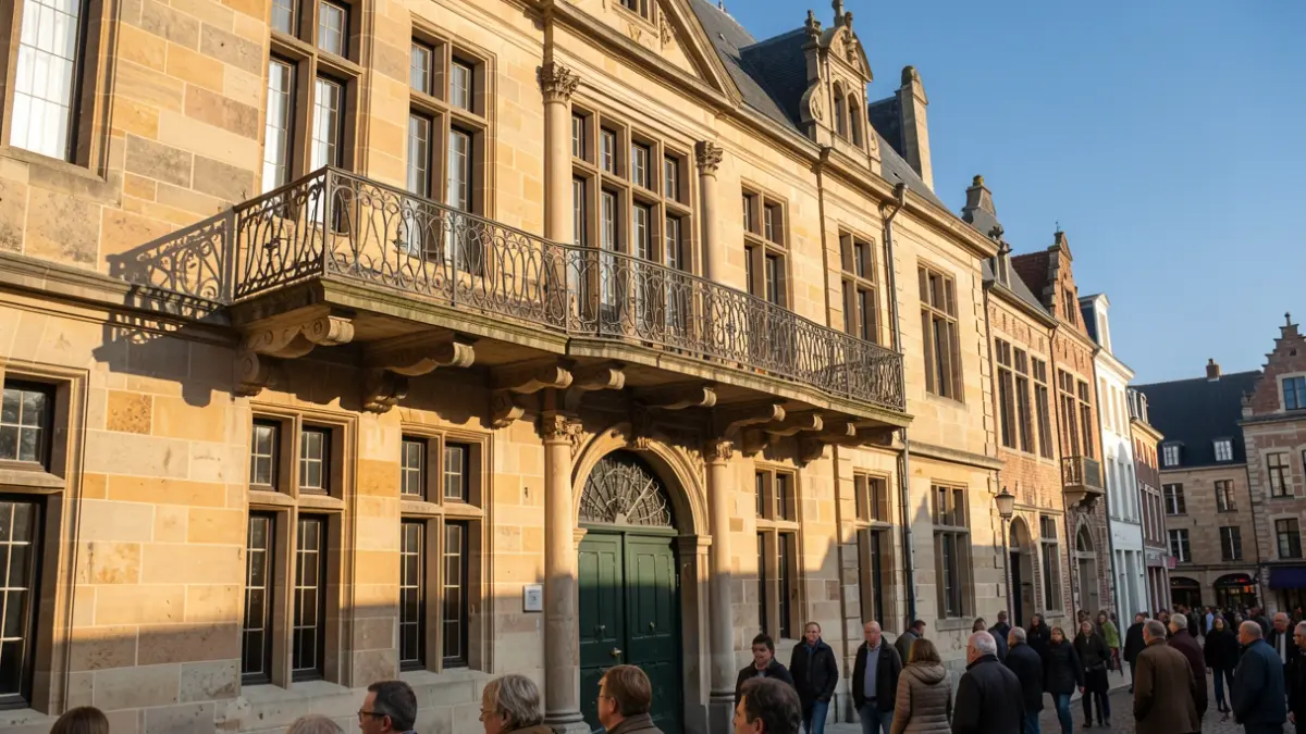 Generic image of a Flemish town hall facade with an ornate balcony and iron railings, warm afternoon sunlight casting shadows on the sandstone walls, blue sky, documentary photography style. The architecture should be typical of Flanders.