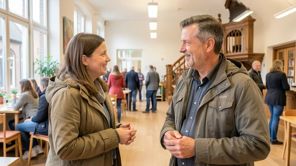 Generic image of a meeting space with two people in conversation, with subtle references to Flemish architecture.