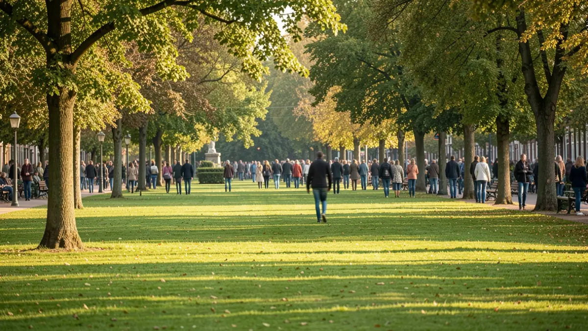 Generieke afbeelding van een groen park in Vlaanderen met wandelpaden en bomen, in de verte een vage figuur.
