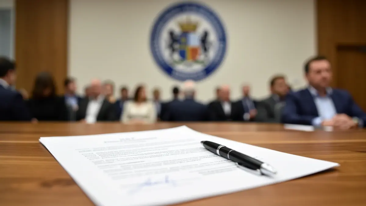 Generic image of an official document with a blurred municipal logo on a desk.