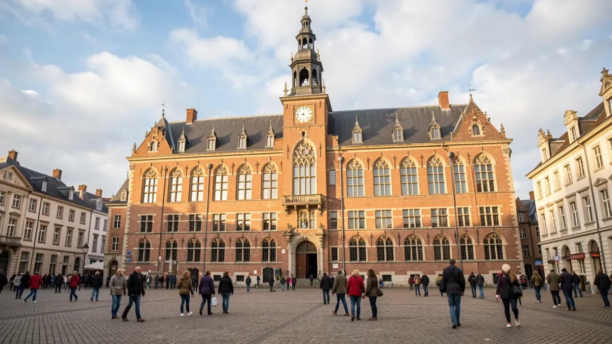Generieke afbeelding van een Vlaamse stadhuisgevel met een toren en burgers op een plein.