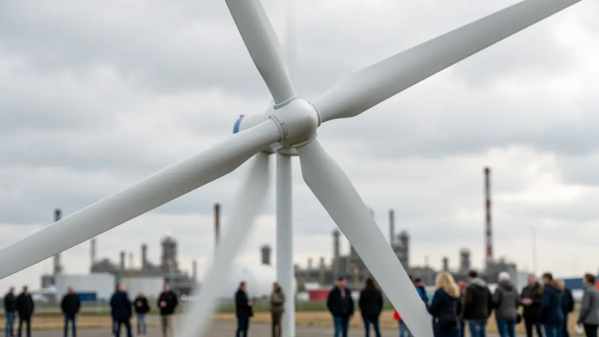 Generieke afbeelding van een windturbineblad tegen een bewolkte hemel, met een vage industriële site op de achtergrond.