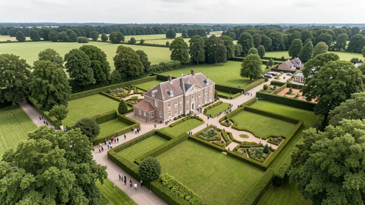 Luchtfoto van een historisch landhuis omringd door park en tuinen, met ruimte voor beperkte nieuwe woningen.