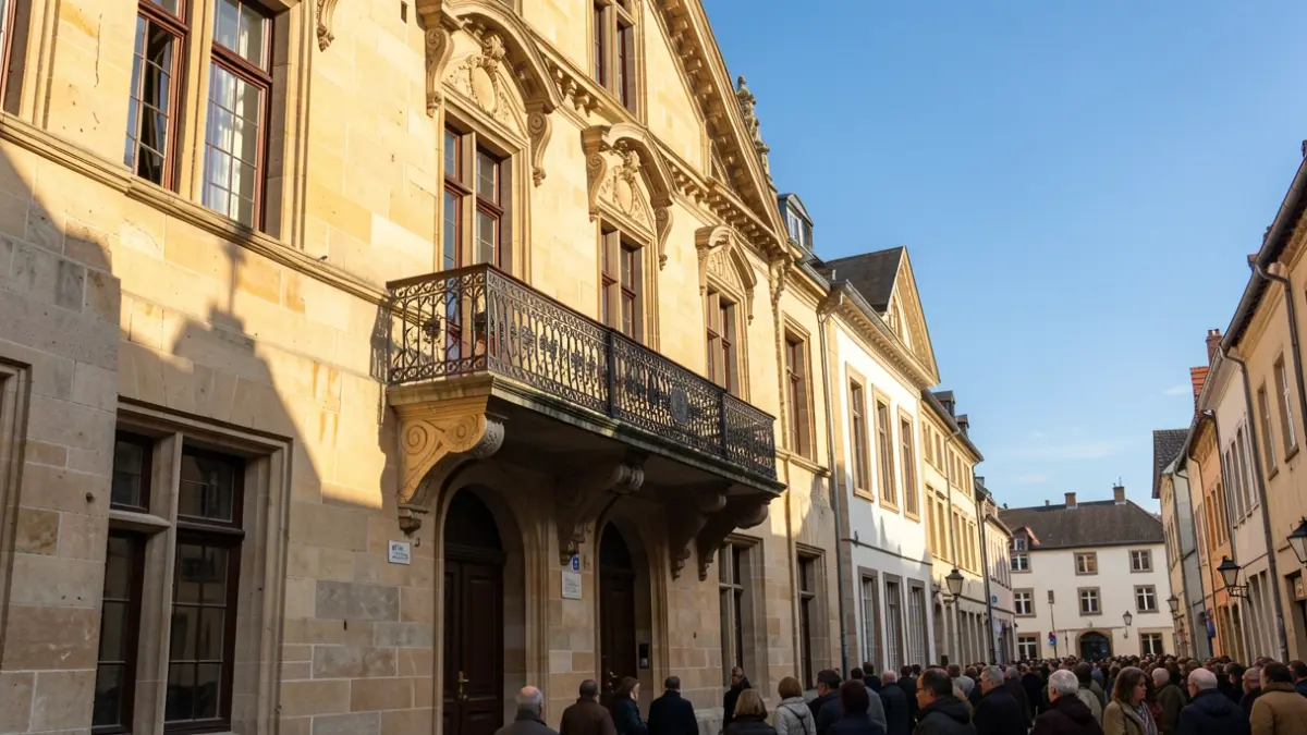 Generic image of a traditional Flemish town hall facade with an ornate balcony and iron railings, in warm afternoon sunlight, under a blue sky.