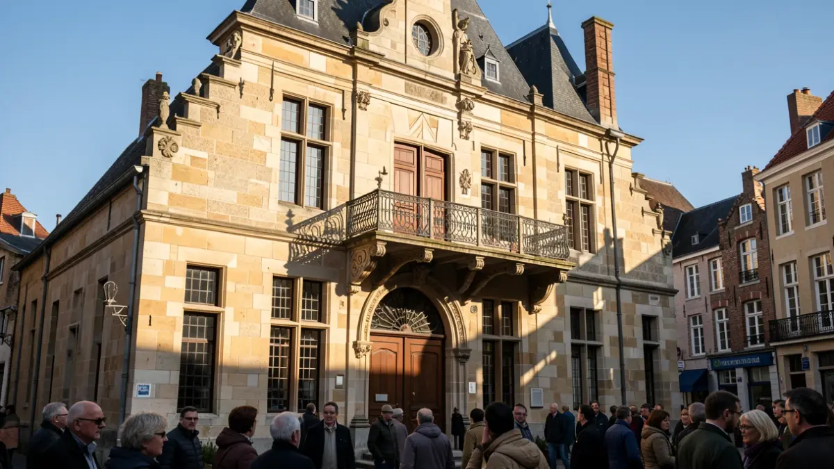 Generic image of a Flemish town hall facade with an ornate balcony and iron railings, in warm afternoon sunlight casting distinct shadows on the sandstone walls, under a clear blue sky.