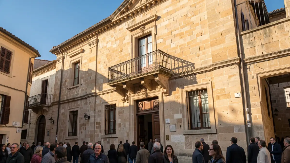 Generieke afbeelding van een traditionele stenen stadhuisgevel met een sierlijke balkon en ijzeren balustrade, warm middaglicht dat schaduwen werpt op de zandstenen muren, blauwe lucht, documentaire fotografie stijl.