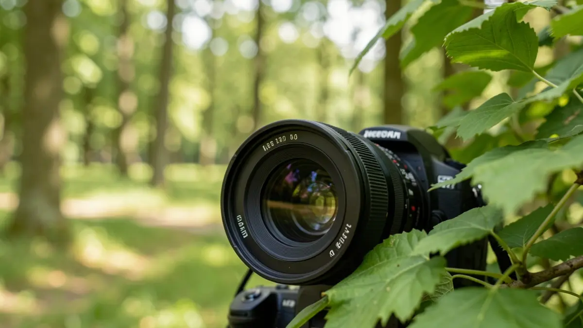 Generieke afbeelding van een wildcamera in een natuurlijke omgeving in Vlaanderen, met focus op de lens en bladeren op de voorgrond.
