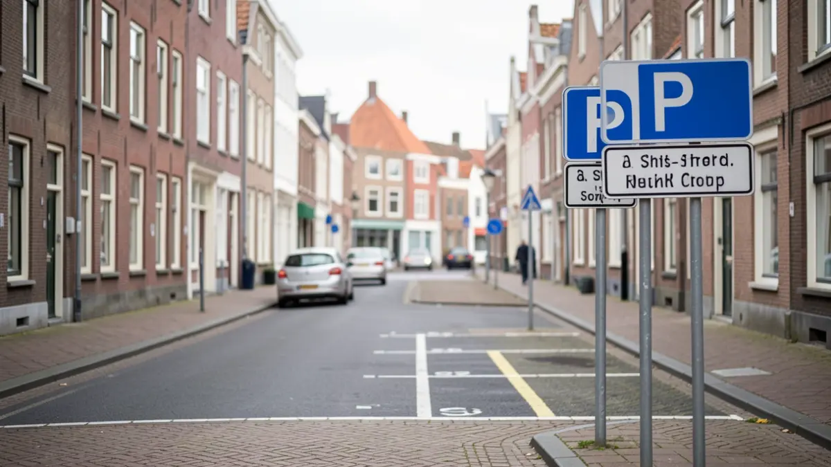 Een straatbeeld in een Vlaamse wijk met duidelijke signalisatie voor kortparkeerplaatsen, bedoeld voor snelle stops. De sfeer is er een van stedelijk gemak en efficiënte doorstroming.