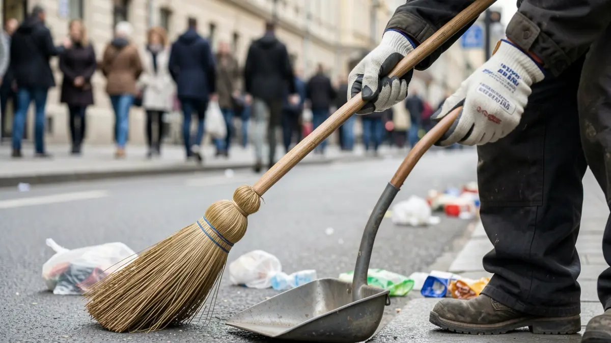 Generic image of a sanitation worker's hands sweeping a street.