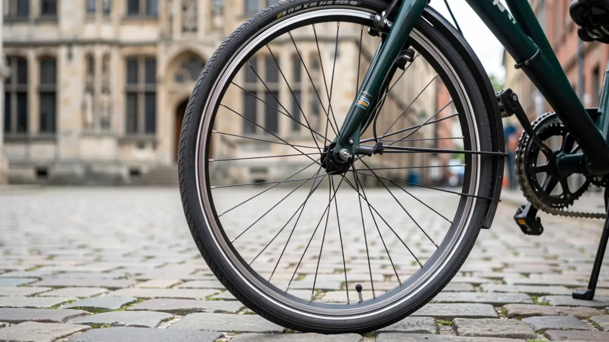 A close-up of a shared bicycle wheel on a cobblestone street in Ghent, with the blurred facade of a historic building in the background.