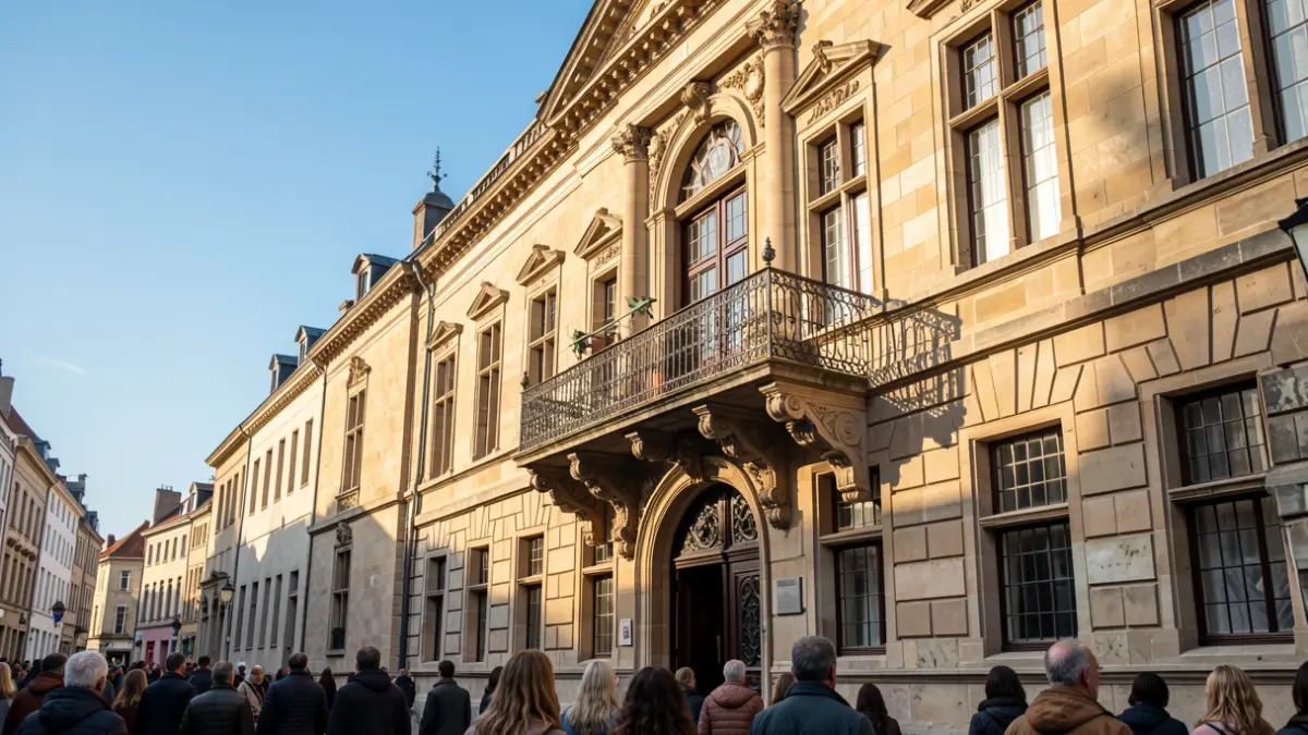 Facade of the Geraardsbergen town hall with balcony and sandstone facade in the afternoon sun.