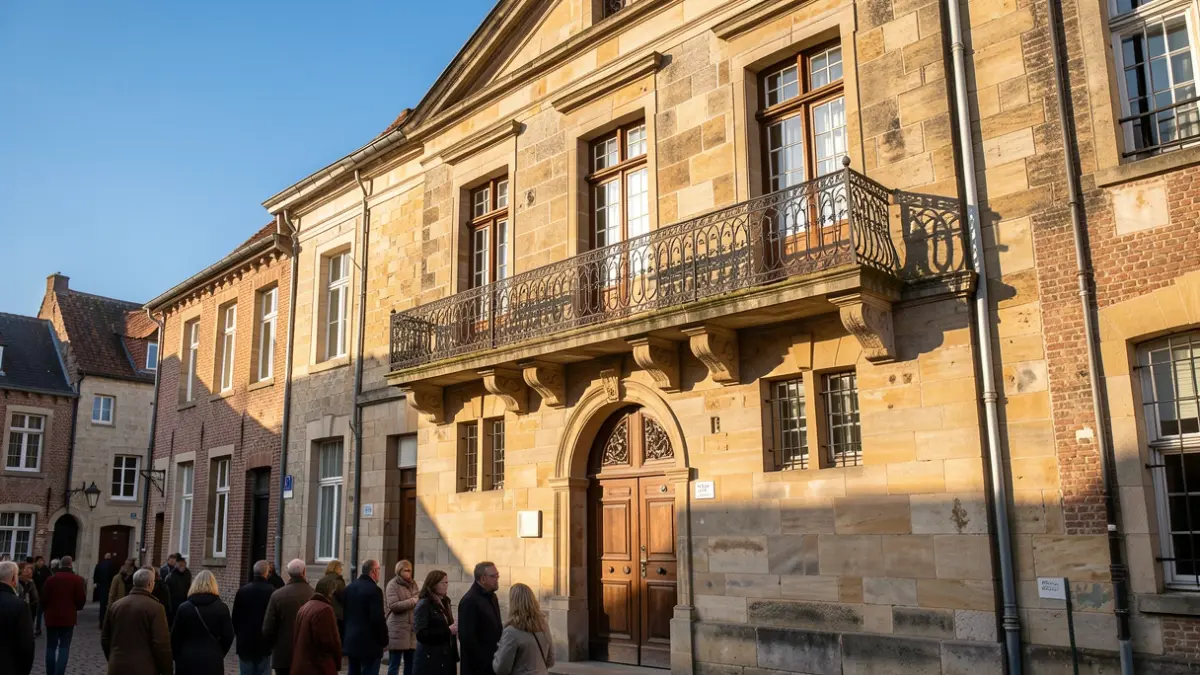 Stenen gevel van een Vlaams stadhuis met een sierlijke balkon en ijzeren balustrade, in warm middaglicht.