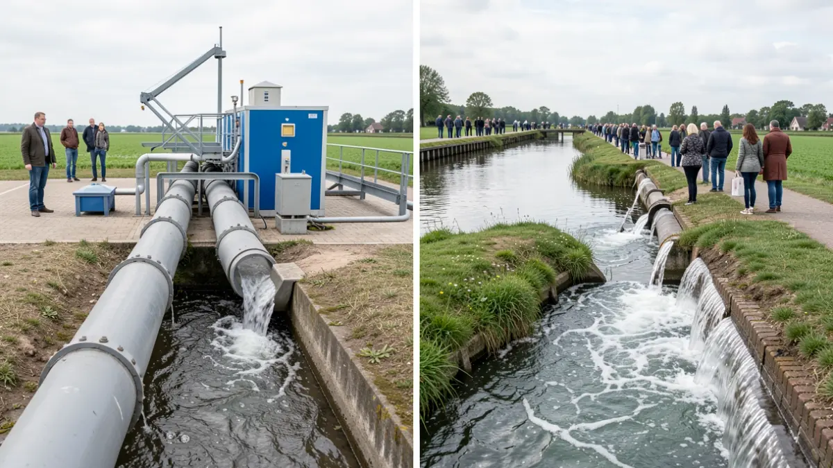 Generieke afbeelding van gescheiden afvoerbuizen voor afvalwater en regenwater, met op de achtergrond een waterzuiveringsinstallatie en een waterloop in Vlaanderen.