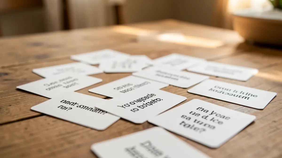 Een close-up van een kaartspel met eenvoudige, prikkelende vragen erop, verspreid op een houten tafel. De achtergrond is zacht vervaagd, wat een warme, uitnodigende sfeer suggereert. Het licht is zacht en natuurlijk.