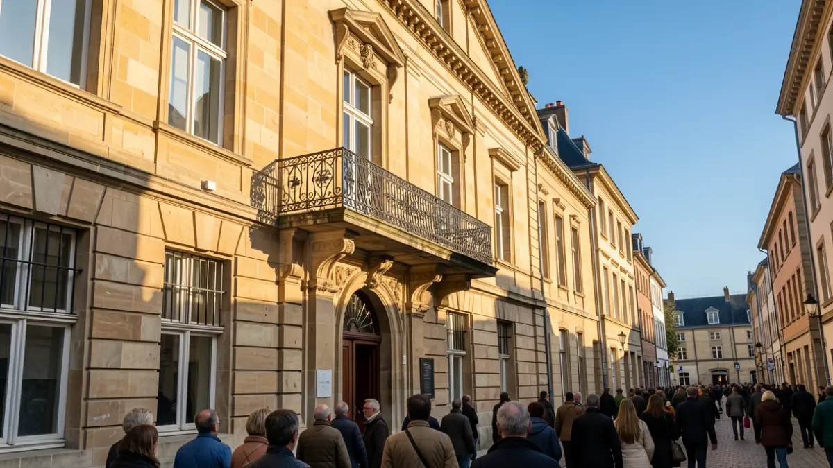 Generic image of a town hall facade with a balcony and railings, in warm afternoon light.