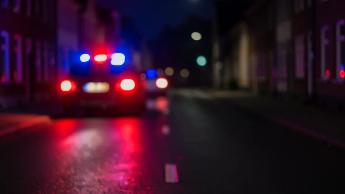 Generieke afbeelding van een weg 's nachts met rode en blauwe zwaailichten die reflecteren op het natte asfalt, wat een veilige transportactie suggereert. De achtergrond toont een donkere, rustige straat in een Vlaamse gemeente.