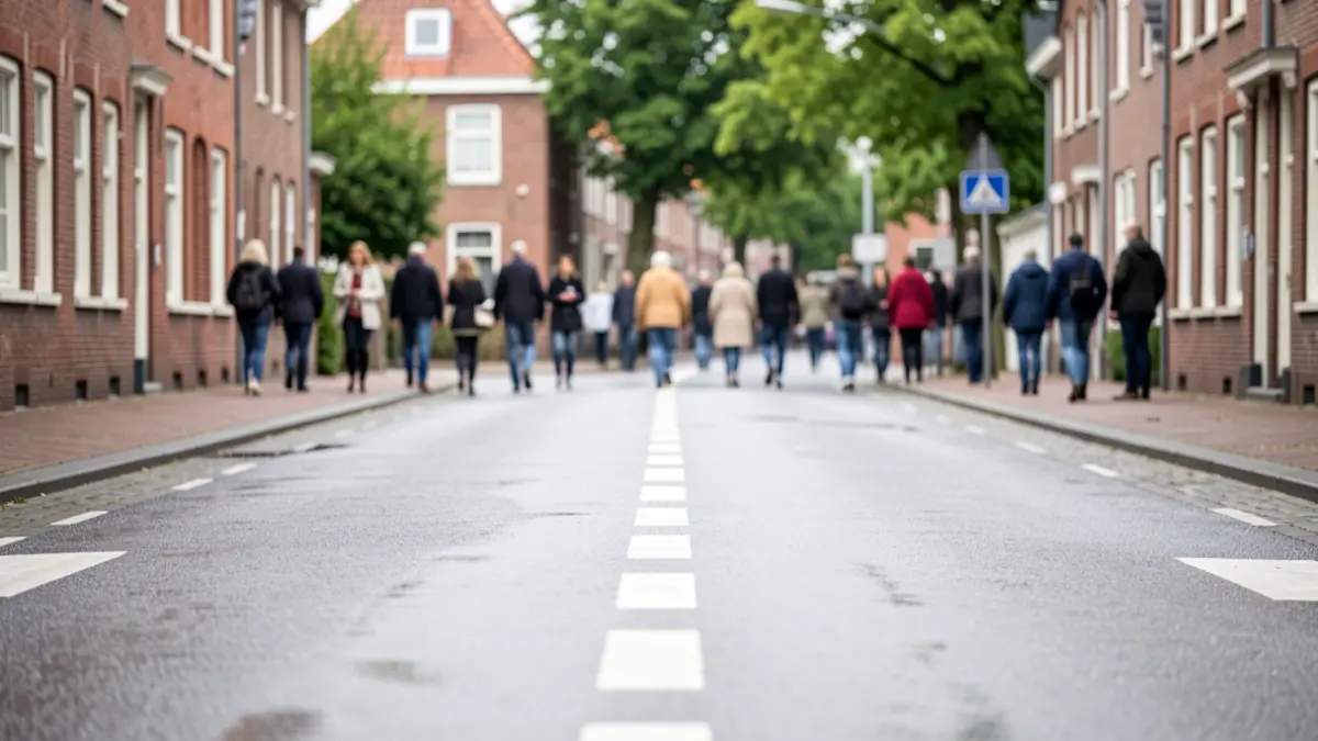 Generic image of a pedestrian crossing on a wet road in a Flemish municipality, with traditional houses in the background.