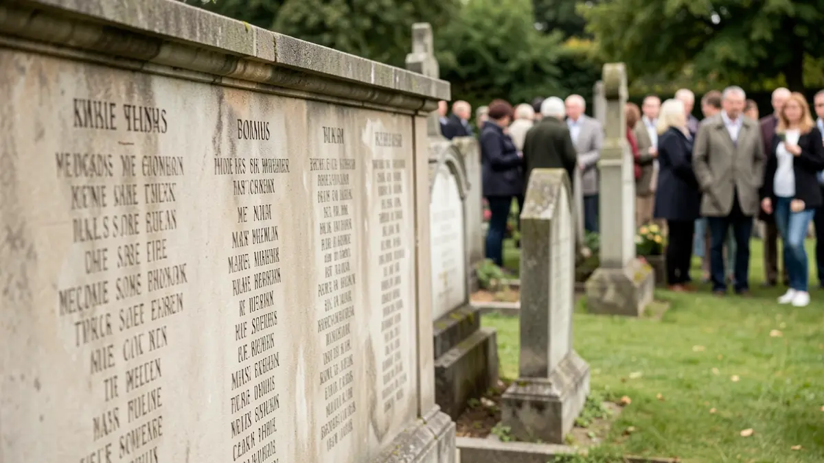 Generic image of a memorial wall with names in a Flemish cemetery, with blurred gravestones in the background.