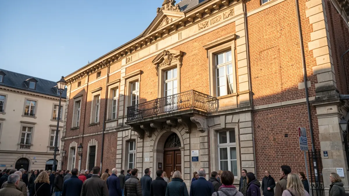 Generic image of a town hall with a balcony and iron railings, in warm afternoon light under a blue sky.