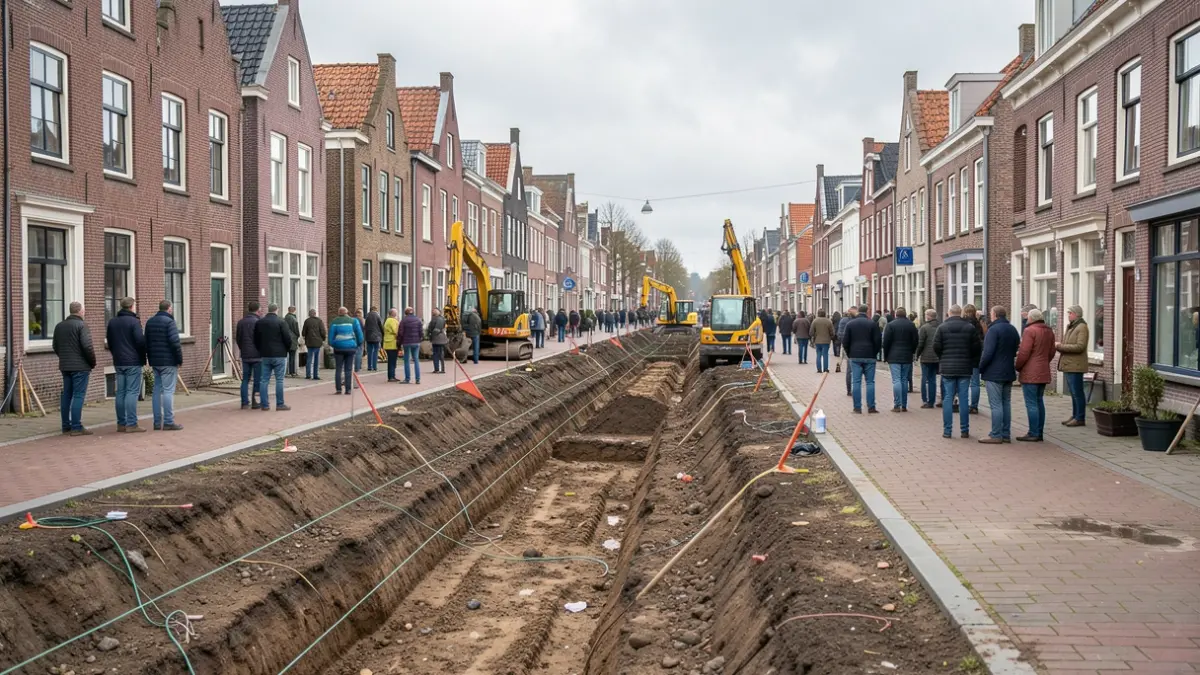 Generic image of a construction site for fiber optic network installation in a Flemish municipality, showing digging work along sidewalks and roads.