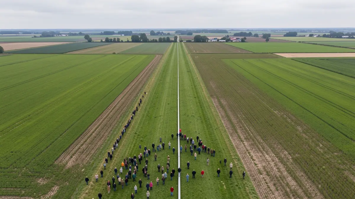 Aerial view of a wide, straight green strip of land designated for infrastructure, possibly a pipeline, cutting through agricultural fields in Flanders under an overcast sky.