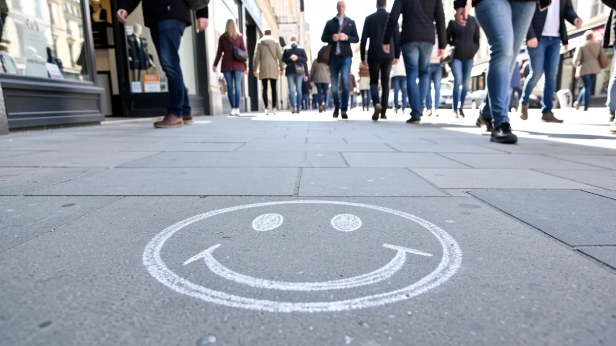 Chalk drawing of a smiley face on a pavement in front of a shop, with blurred legs of passers-by in the background.