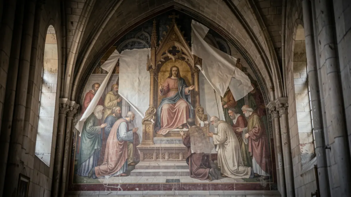 Gotische muurschildering in de Sint-Niklaaskerk, Gent, met Christus en geknielde figuren, deels bedekt met Japans papier.