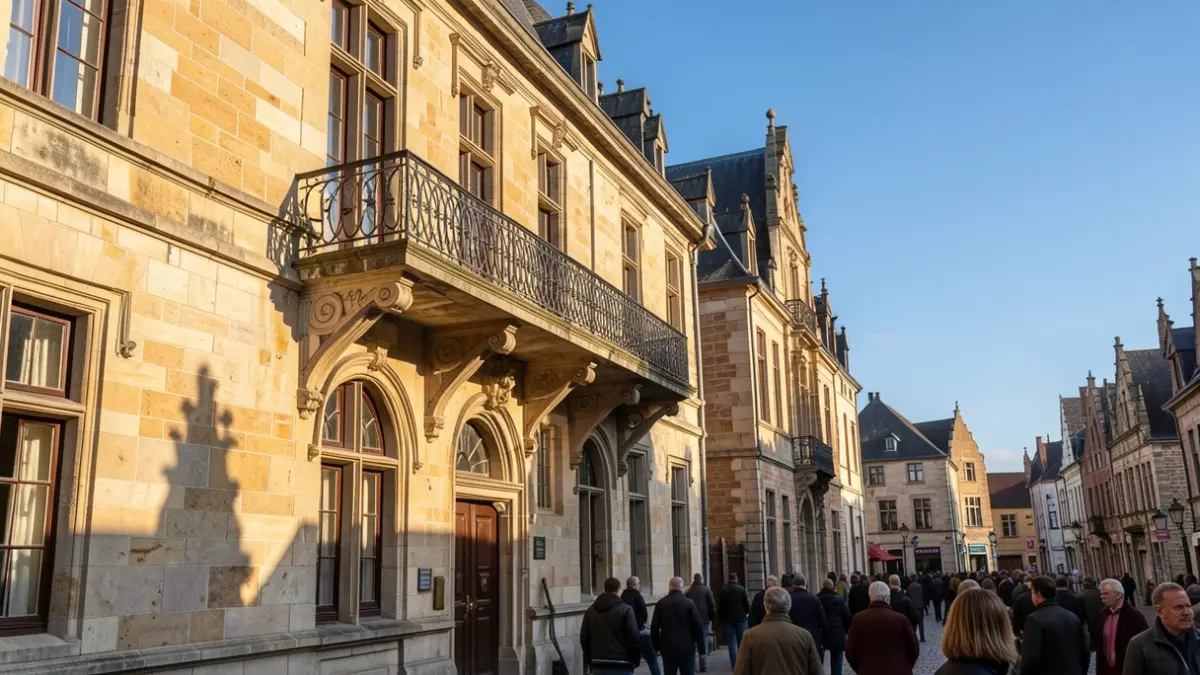 Generic image of the facade of a traditional Flemish town hall with an ornate balcony and iron railings, bathed in warm afternoon sunlight casting shadows on the sandstone walls, against a clear blue sky.
