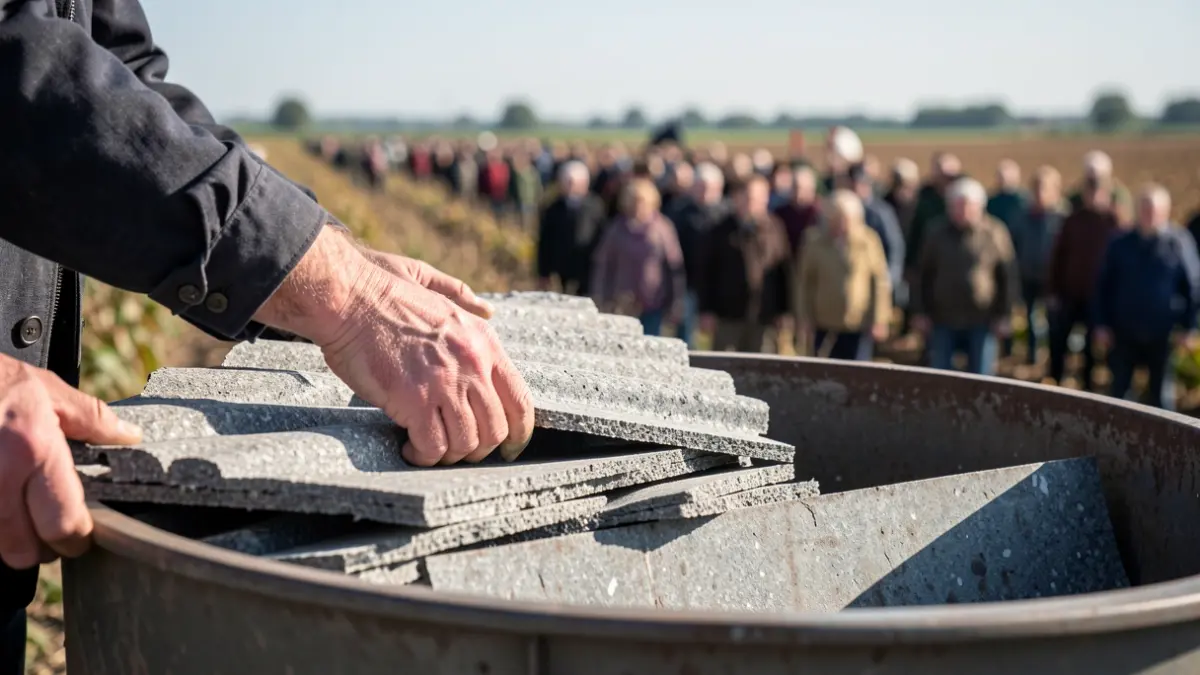 Gedetailleerde afbeelding van asbestplaten die in een container worden geplaatst door landbouwershanden, met een Vlaams landschap op de achtergrond.