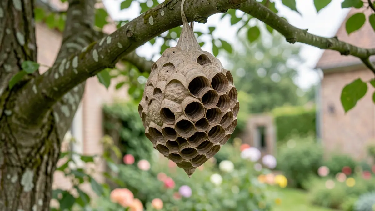 Een close-up van een groot wespen- of hoornaarnest in een boom, met zachte daglichtinval.