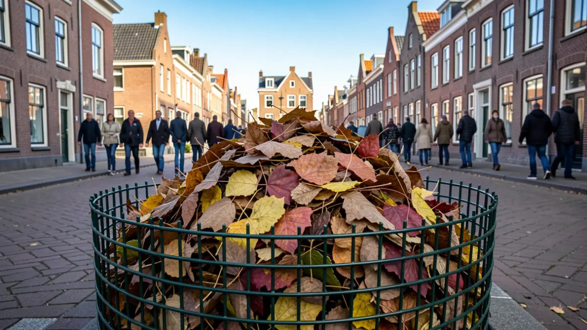 Een hoop herfstbladeren verzameld in een grote, donkergroene draadkorf op een straat in Vlaanderen, met typische bakstenen huizen op de achtergrond.