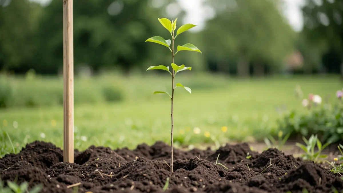 Generic image of a young tree being planted with the support of a stake, in a green environment in Flanders.