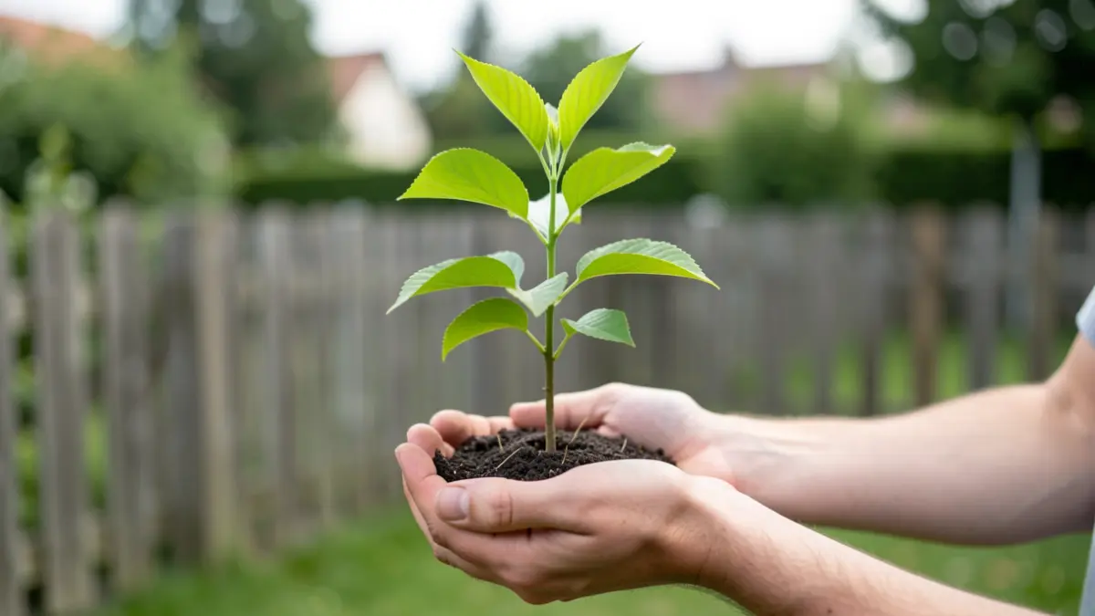 Generieke afbeelding van een jonge boom met groene bladeren, vastgehouden in twee handen in een tuin.