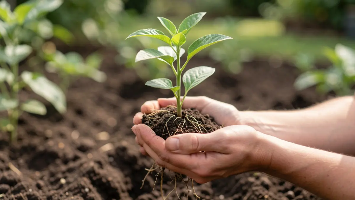 Een jonge boom met wortels, vastgehouden in handen tegen een wazige tuinafgrond.