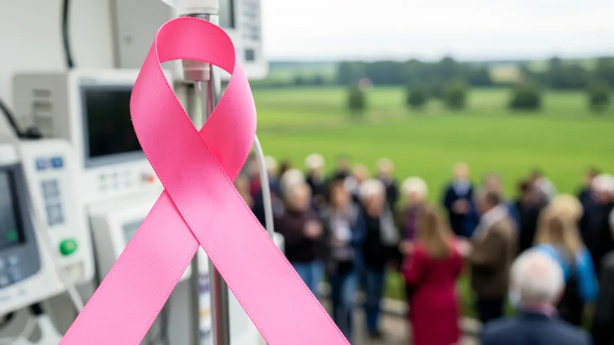 Een roze lintje als symbool voor borstkankerbewustzijn, met op de achtergrond medische instrumenten en een groen Vlaams landschap.