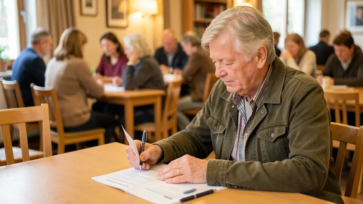 Een persoon van 45 jaar of ouder vult een papieren vragenlijst in in een lokaal dienstencentrum.