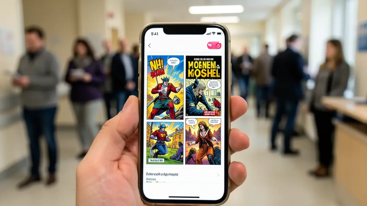 Generieke afbeelding van een smartphone die een stripboek toont, met een ziekenhuisomgeving op de achtergrond.