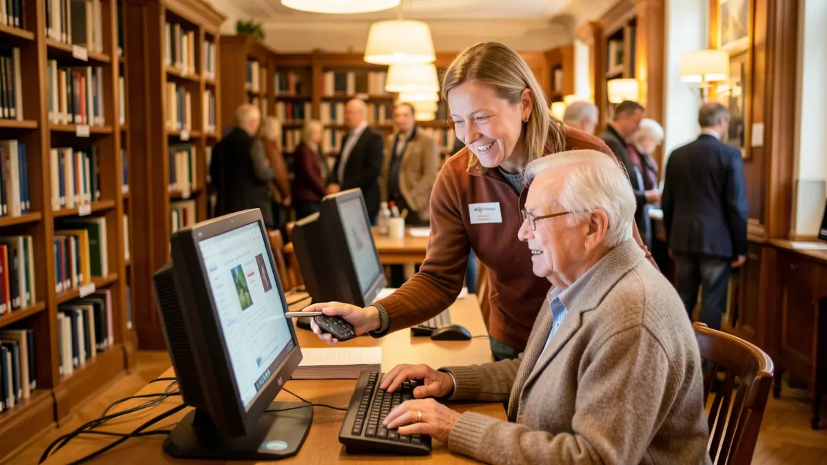 Generic image of a library interior with a digihelper assisting an elderly person at a computer. No specific names or locations.